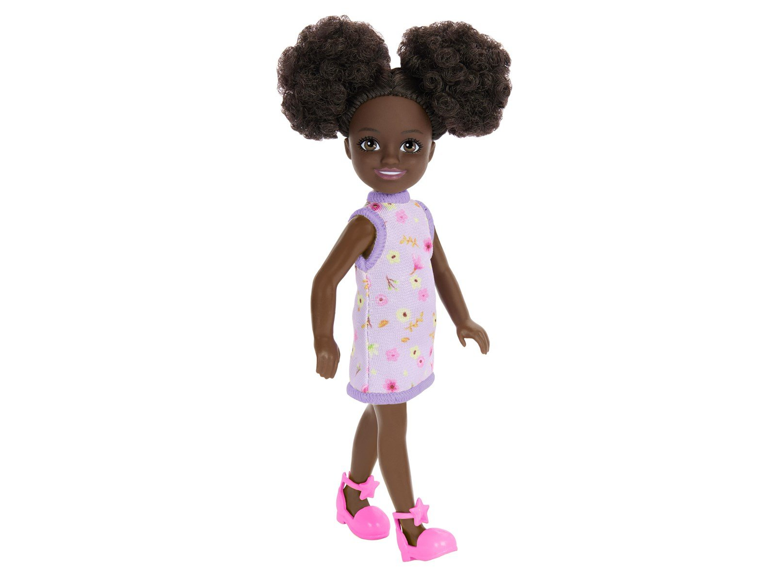 Barbie Chelsea Doll - Purple Floral Dress with Space Buns & Brown Eyes Barbie Chelsea Doll - Purple Floral Dress with Space Buns & Brown Eyes